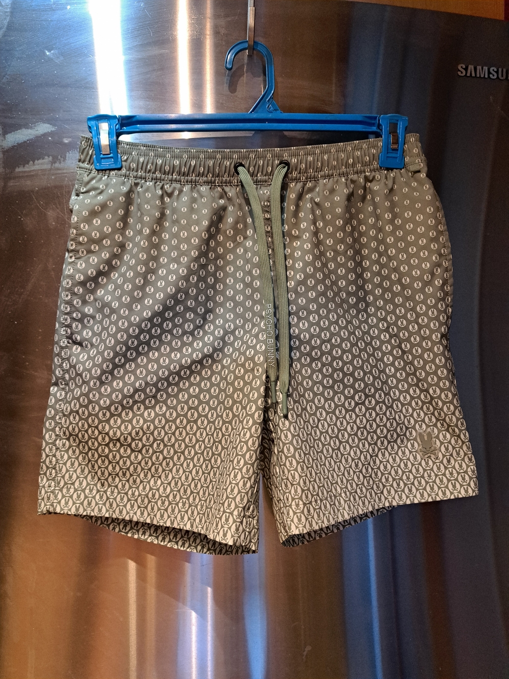 Psycho Bunny Olive Green Micro-Pattern Men’s Swim Trunks